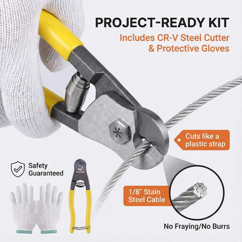 One Eighth Inch Saltproof Stainless Steel Cable 325 Feet T316 Marine Grade Wire Rope in use with cutter and protective gloves