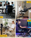 Office chairs with 2-inch replacement casters used in different settings: meeting, relaxing, remote work, and gaming.