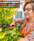 Woman using 8.5 Inch Pruning Shears For Easy Cuts With Ultra Sharp Japanese Steel Titanium Blade Arthritis Friendly Garden Clippers