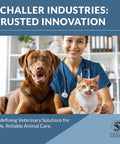 Veterinarian with a dog and cat in a clinic, promoting Schaller Industries' innovative veterinary solutions.