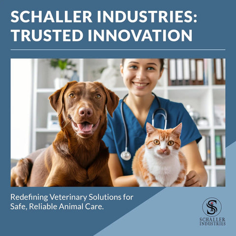 Smiling veterinarian with a dog and cat at Schaller Industries, emphasizing trusted innovation in veterinary care.