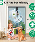 Upgraded Magnetic Screen Door With Full Strip Magnets, Heavy Duty Fiberglass Mesh, Quick Close Auto Closure For Single Doors 36 x 80 Inch, Screen Size 39 x 82 Inch, Black, Durable Fit For High Traffic Doors shown with child and dog, indicating kid and pet-friendliness.