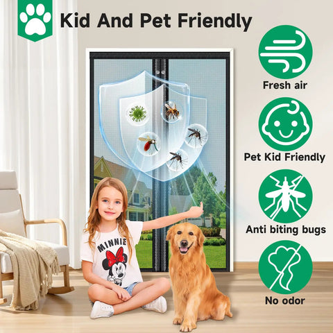 Upgraded Magnetic Screen Door With Full Strip Magnets, Heavy Duty Fiberglass Mesh, Quick Close Auto Closure For Single Doors 36 x 80 Inch, Screen Size 39 x 82 Inch, Black, Durable Fit For High Traffic Doors shown with child and dog, indicating kid and pet-friendliness.