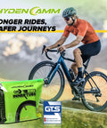 Cyclist riding on road with Hyden Camm 26 Inch Bike Inner Tube 4 Pack Fits 26 x 1.75 2.125 in foreground for road rides