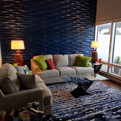 Living room with blue accent wall using White 3D Wall Panels Dope Wave Design PVC Waterproof Paintable Durable Plastic, matte finish