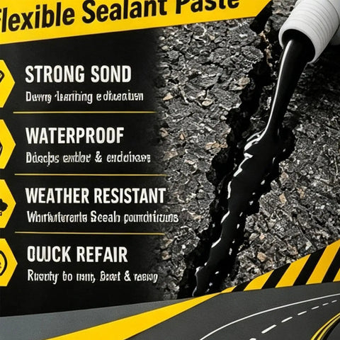 Flexible Sealant Paste packaging highlighting waterproofing and quick repair features for heavy duty use.