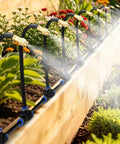 Complete 49 Foot Drip Irrigation Kit With 15 Adjustable 360 Degree Sprayers in use on a raised garden bed