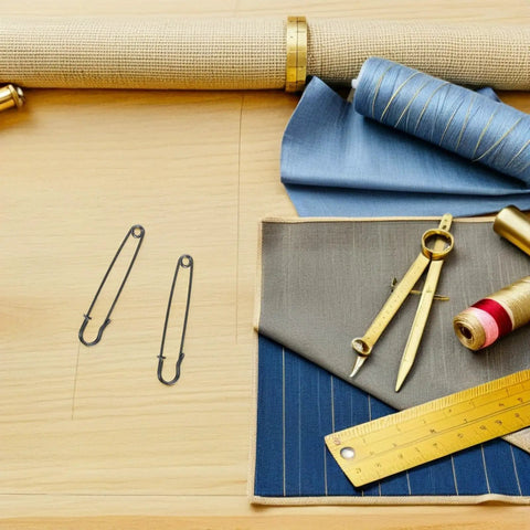 Luxurious Heavy Duty Safety Pins For Women Thick Iron Sweater Clips on a workspace with fabric and sewing tools.