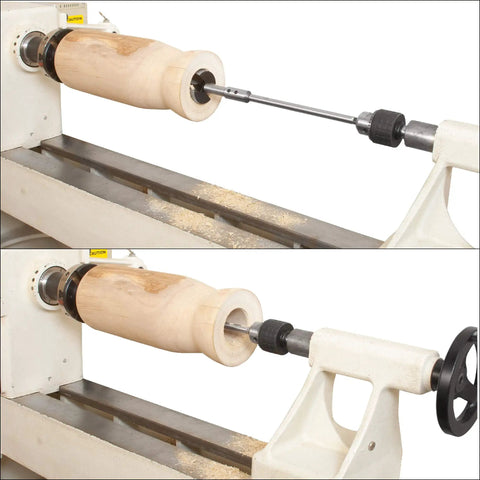 Forstner Bit Extension Delivers Rock Solid Extra Reach For Knocking Out Deep Flat Bottom Holes in woodturning setup.