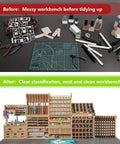 Before and after comparison of workspace organization with Badass Heavy Duty Model Paint Storage Rack Holds Seventy Two Acrylic Bottles Killer Layout For Your Hobby Bench