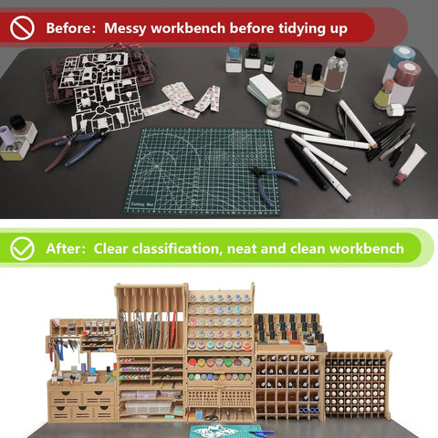 Before and after comparison of workspace organization with Badass Heavy Duty Model Paint Storage Rack Holds Seventy Two Acrylic Bottles Killer Layout For Your Hobby Bench