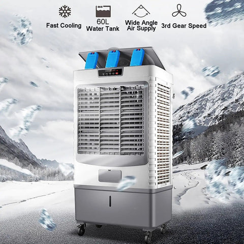 Beat The Sweltering Heat With This Hella Smooth Evaporative Air Cooler Portable 3 Speed Swamp Fan Offering 120 Degree Oscillation And Huge 55L Water Tank with 60L tank and cooling function.