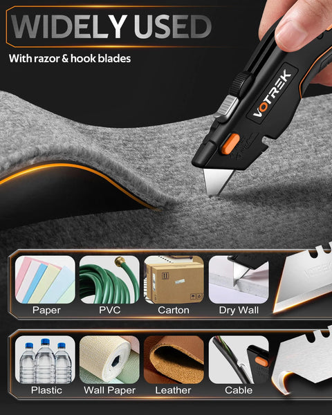Front view of VOTREK box cutter utility knife with retractable blade and orange accents cutting carpet.