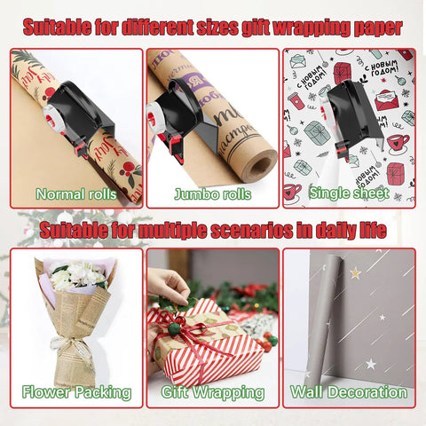 Image showing 2 Pack Kickass Wrapping Paper Cutter And Tape Dispenser Set in use with various gift wrapping papers and scenarios.