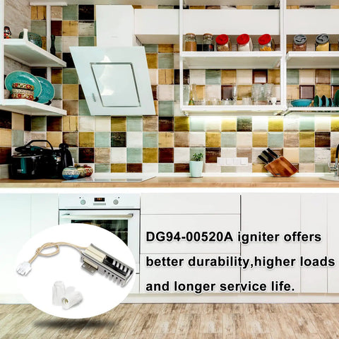 Flat Oven Igniter Replacement For Samsung Gas Range Oven DG94 00520A shown with wire nuts and connector plug in kitchen setting
