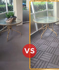 Before and after installation of Interlocking Deck Tiles Waterproof Outdoor Flooring 12x12 Inches Gray 27 Piece Set For Patio Garden Deck Poolside And Indoor Outdoor Use With Slip Resistant Open Grid Drainage on a patio.