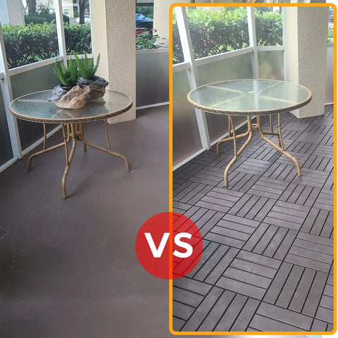 Before and after installation of Interlocking Deck Tiles Waterproof Outdoor Flooring 12x12 Inches Gray 27 Piece Set For Patio Garden Deck Poolside And Indoor Outdoor Use With Slip Resistant Open Grid Drainage on a patio.