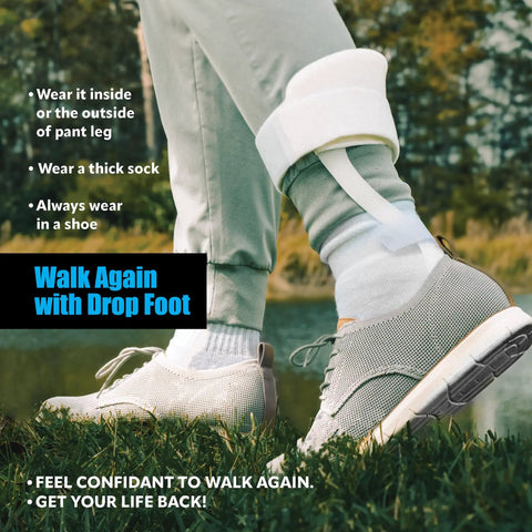 Person wearing Drop Foot Stabilizer AFO Brace for easy confident walking with shoe outside on grass