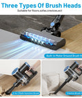Cordless Vacuum Cleaner With Self Standing And LED Screen showing three brush heads for carpets, sofas, and crevices.