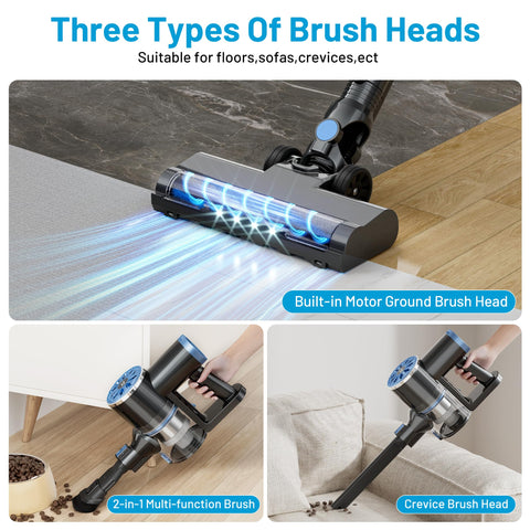 Cordless Vacuum Cleaner With Self Standing And LED Screen showing three brush heads for carpets, sofas, and crevices.