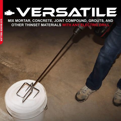 Power Drill Mixer Attachment For Paint Cement Grout And Thinset 5 Inch By 24 Inch Bucket Mixing Tool shown in use with a bucket