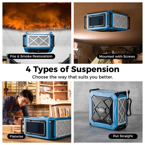 Heavy Duty Hanging Dust Filtration System With 270 Degree Intake 780 And 1080 CFM Built In Ionizer Remote Control And Strong Vortex Fan for Fire and Smoke Restoration, Mounted with Screws, Flatwise, and Put Straight for Home Garage or Shop Dust Collection