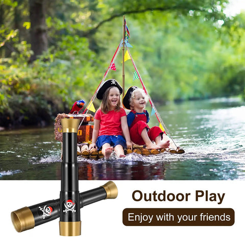 Two Pack Pirate Telescope Toys For Kids Mini Handheld Monocular Bronze And Black Set For Curious Explorers, Perfect For Pretend Sea Adventures, Sharing With Friends, Outdoor Fun, And Educational Imagination. Kids on pirate raft with black-and-gold toy monocular