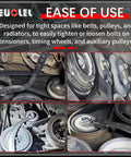 Universal 15 Piece Idler Belt Tensioner Removal Tool Kit For Tight Engine Bays shown in use on car engine pulleys