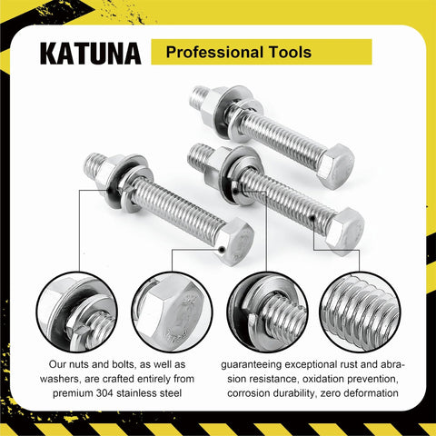 KATUNA 304 stainless steel bolts with nuts and washers; three hex bolts shown
