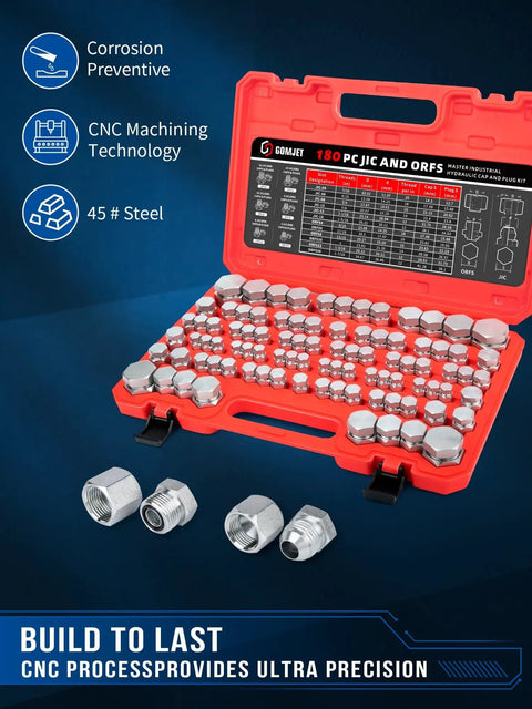 Beefy Pro Grade Industrial Hydraulic Cap And Plug Kit For JIC And ORFS Fittings 180 Piece Set in red case with carbon steel caps