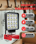 Rugged Portable LED Work Light With Milwaukee Battery Compatibility 112W 11200LM Flood Light Low Voltage Protection USB Type C Charger Port Handheld Construction Floodlight Tool Only with dimensions and specifications displayed.