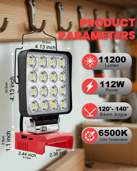 Rugged Portable LED Work Light With Milwaukee Battery Compatibility 112W 11200LM Flood Light Low Voltage Protection USB Type C Charger Port Handheld Construction Floodlight Tool Only with dimensions and specifications displayed.