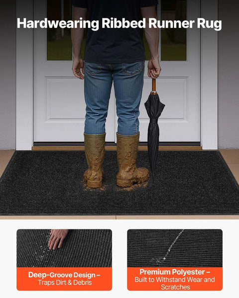 Person standing on Workhorse Front Door Mat 5 by 3 Feet Indoor Outdoor With PVC Backing Striped Industrial Carpet in front of door