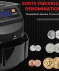 Top Shelf Electric Coin Counter And Sorter Machine That Handles Quarter Dime Nickel Penny And Dollar Bills With A Bright Digital Display and coin compartments.