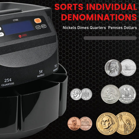 Top Shelf Electric Coin Counter And Sorter Machine That Handles Quarter Dime Nickel Penny And Dollar Bills With A Bright Digital Display and coin compartments.
