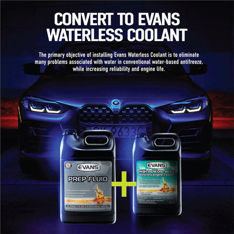 Two one-gallon jugs of Evans waterless coolant and prep fluid against a dark car backdrop, promoting engine reliability.