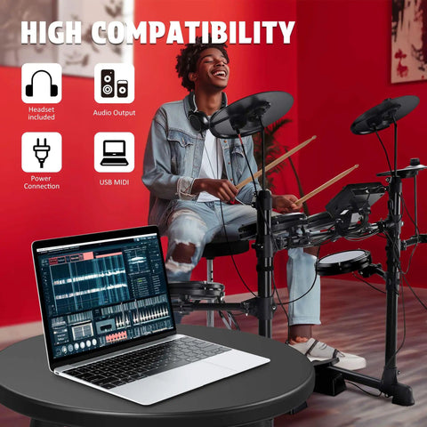 Person playing Quiet Electric Drum Set For Apartments And Beginners With 8 Inch Mesh Pads, Headphone Ready, next to laptop