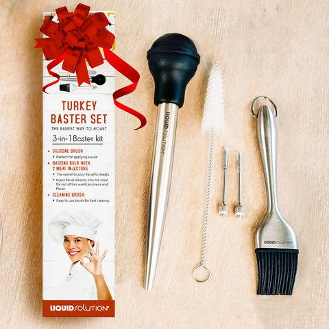 Juicy Thanksgiving Turkey Made Easy With This 5 Piece Turkey Baster Set Including Baster, Needle, Cleaning Brush, Drip Guard, Case