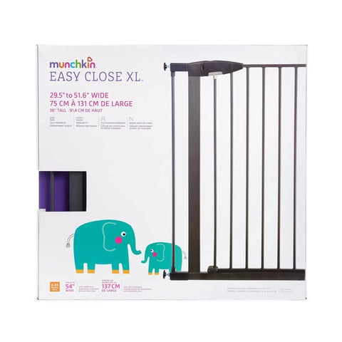 Easy Close XL Metal Baby Gate For Wide Openings Adjustable From 29.5 To 54 Inches on box with elephant graphics