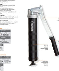 Heavy Duty Lever Grease Gun for auto and industrial jobs with 10000 PSI, 14 oz capacity, zinc-plated handle, and 6-inch extension.