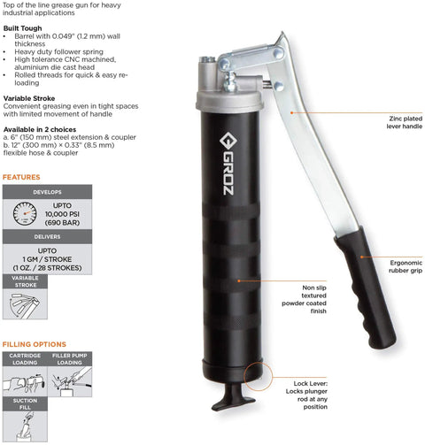 Heavy Duty Lever Grease Gun for auto and industrial jobs with 10000 PSI, 14 oz capacity, zinc-plated handle, and 6-inch extension.