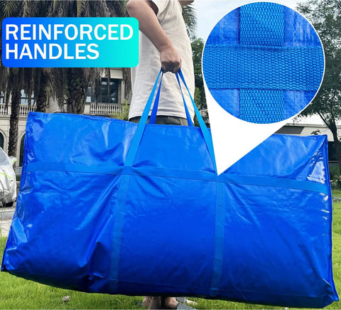 Person carrying Massive 66 Gallon Extra Large Storage Bag With Zipper And Tough Handles, reinforced for travel, blue color.