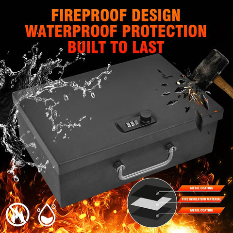 Portable Fireproof Document Safe Box With A 3 Digit Combination Lock for valuables, featuring fireproof and waterproof metal design.