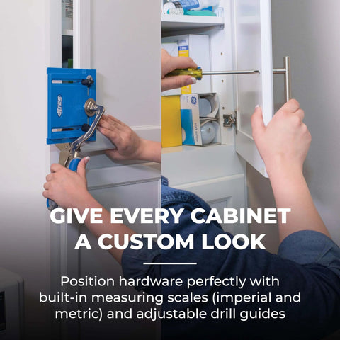 Using Portable Cabinet Hardware Jig With Edge Guide For Knobs And Small Pulls on a white cabinet door for precise drilling.