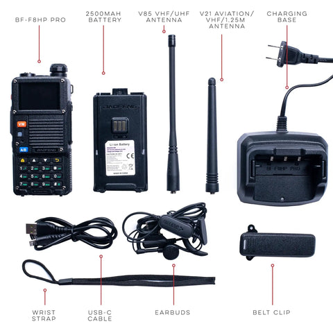 Beefed Up Tri Band 10 Watt Portable Two Way Radio With GPS And NOAA Weather Alerts, VHF UHF Aviation Scanner, bundle components displayed