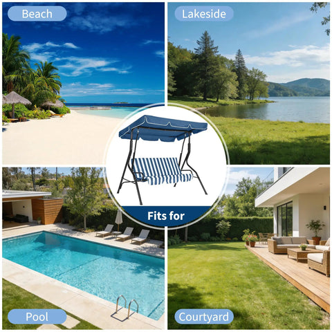 Three Seat Outdoor Porch Swing With Adjustable Canopy For Adults in beach, lakeside, pool, and courtyard settings