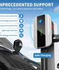 J1772 Level 2 EV Charger 40 Amp 9.6 KW With 25 Ft NEMA 14-50 Cord Plug And Play Setup, showcasing safety features and charging indicator.