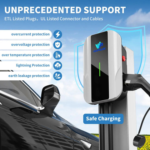 J1772 Level 2 EV Charger 40 Amp 9.6 KW With 25 Ft NEMA 14-50 Cord Plug And Play Setup, showcasing safety features and charging indicator.