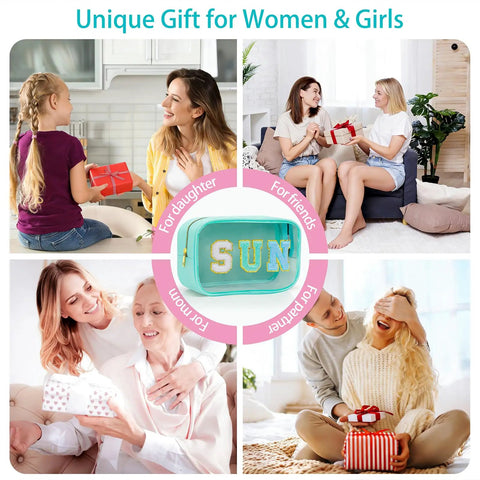 Clear Sunscreen Zipper Bag For Beach And Pool, surrounded by people exchanging gifts, highlighting its versatility