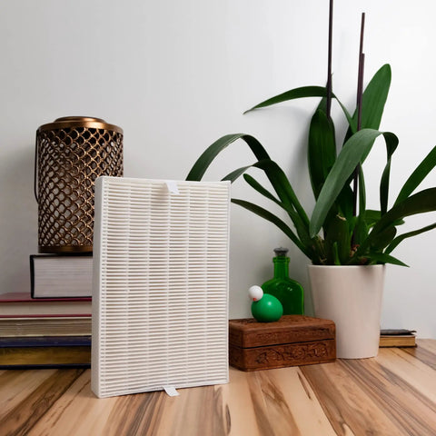 HRF-R2 HEPA Replacement Filter Twin Pack For Honeywell HPA200 Series Purifiers on shelf next to plant and books